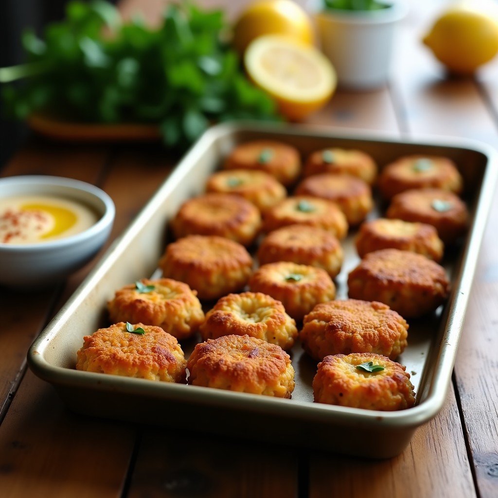 Croquetas doradas y crujientes de garbanzo y berenjena al horno, servidas en plato blanco con salsa de tahini cremosa y decoradas con perejil fresco. Receta vegana alta en proteína.