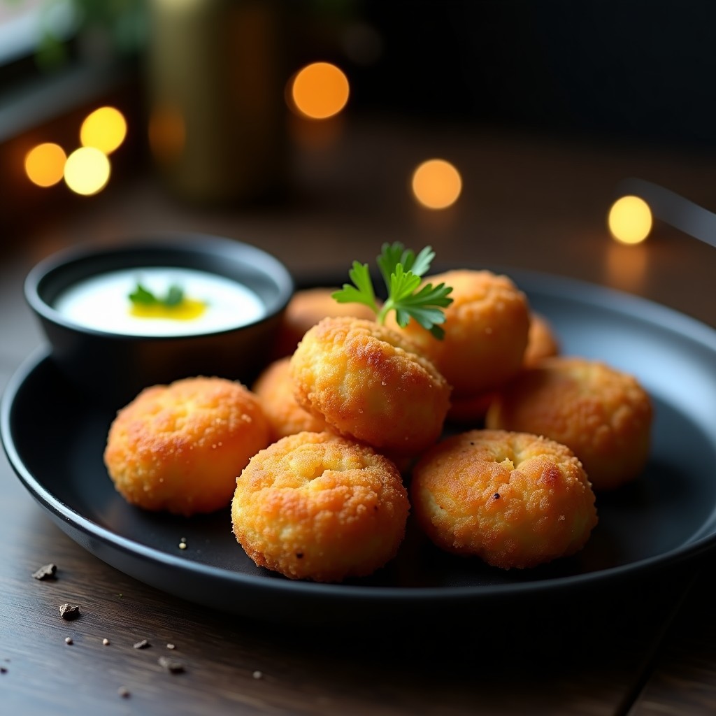 Croquetas doradas y crujientes de garbanzo y foie gras vegano con trufa, servidas en plato negro con salsa de yogur y perejil, aperitivo gourmet en airfryer.