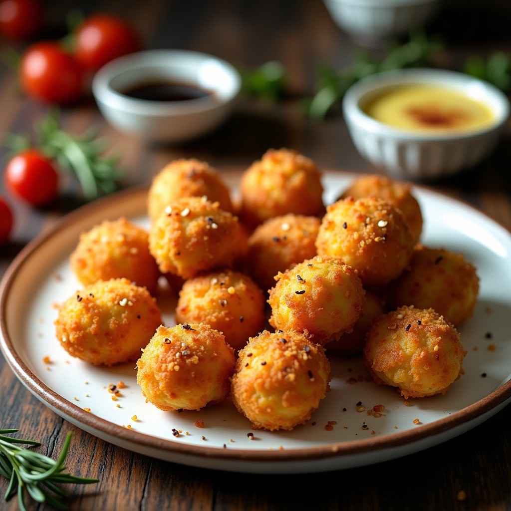 Croquetas doradas y crujientes de garbanzo y pimientos del Padrón servidas en un plato de cerámica blanca, acompañadas de un cuenco pequeño con alioli de ajo negro cremoso y semillas de sésamo tostadas por encima. Fondo rústico con detalles de madera.