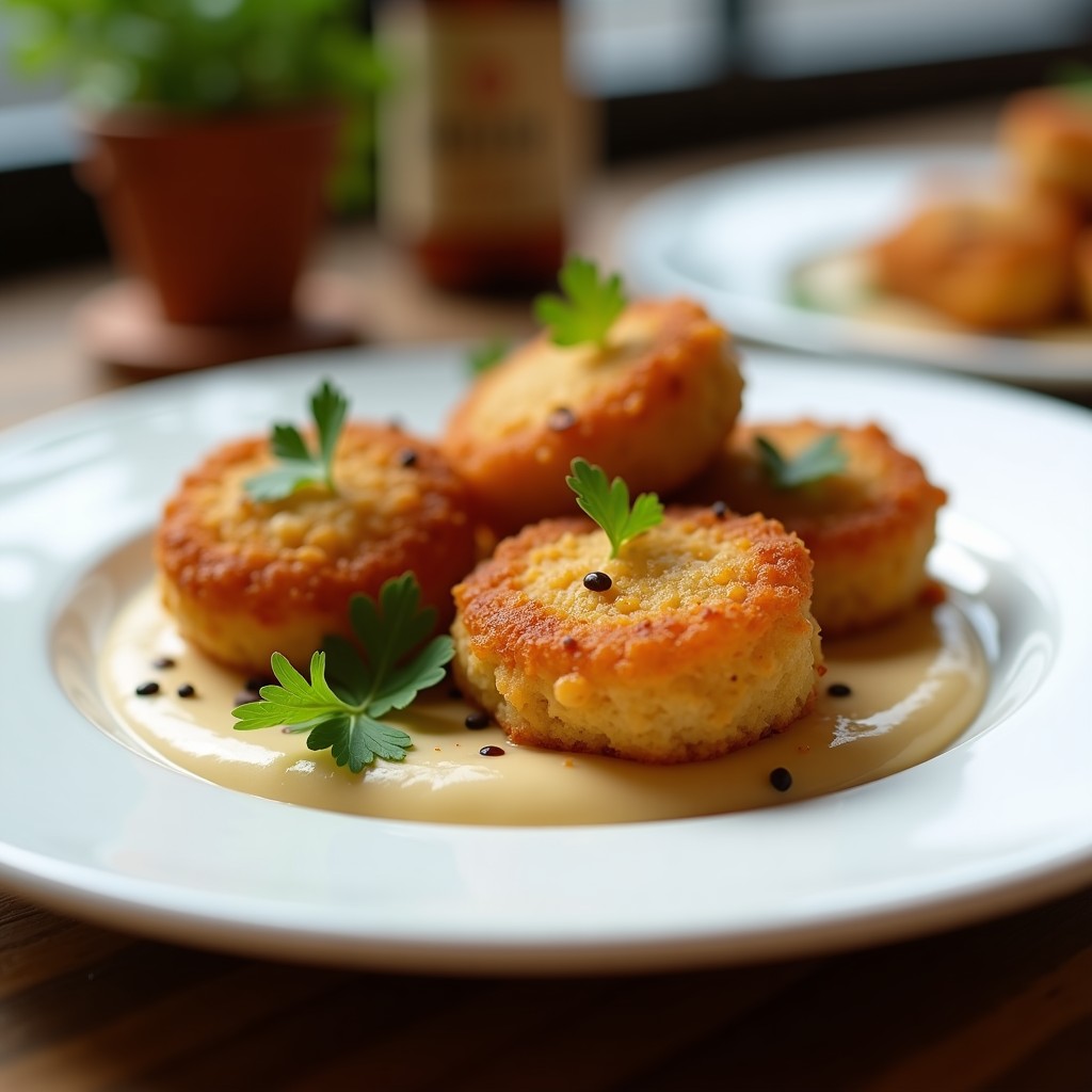 Plato blanco con croquetas doradas de garbanzos y alcachofas, crujientes por fuera y cremosas por dentro, acompañadas de un bol pequeño con salsa de tahini espesa y brillante. Decoración con perejil fresco y semillas de sésamo.