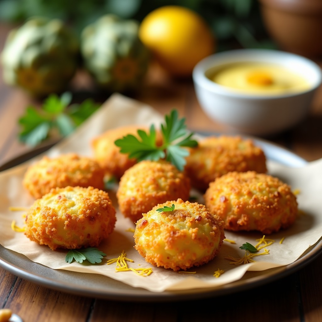Croquetas doradas y crujientes de garbanzos y alcachofas sobre papel de horno, servidas con salsa amarilla de limón y azafrán en un bol pequeño. Plato vegano y sin gluten con toques de perejil fresco y semillas de sésamo.