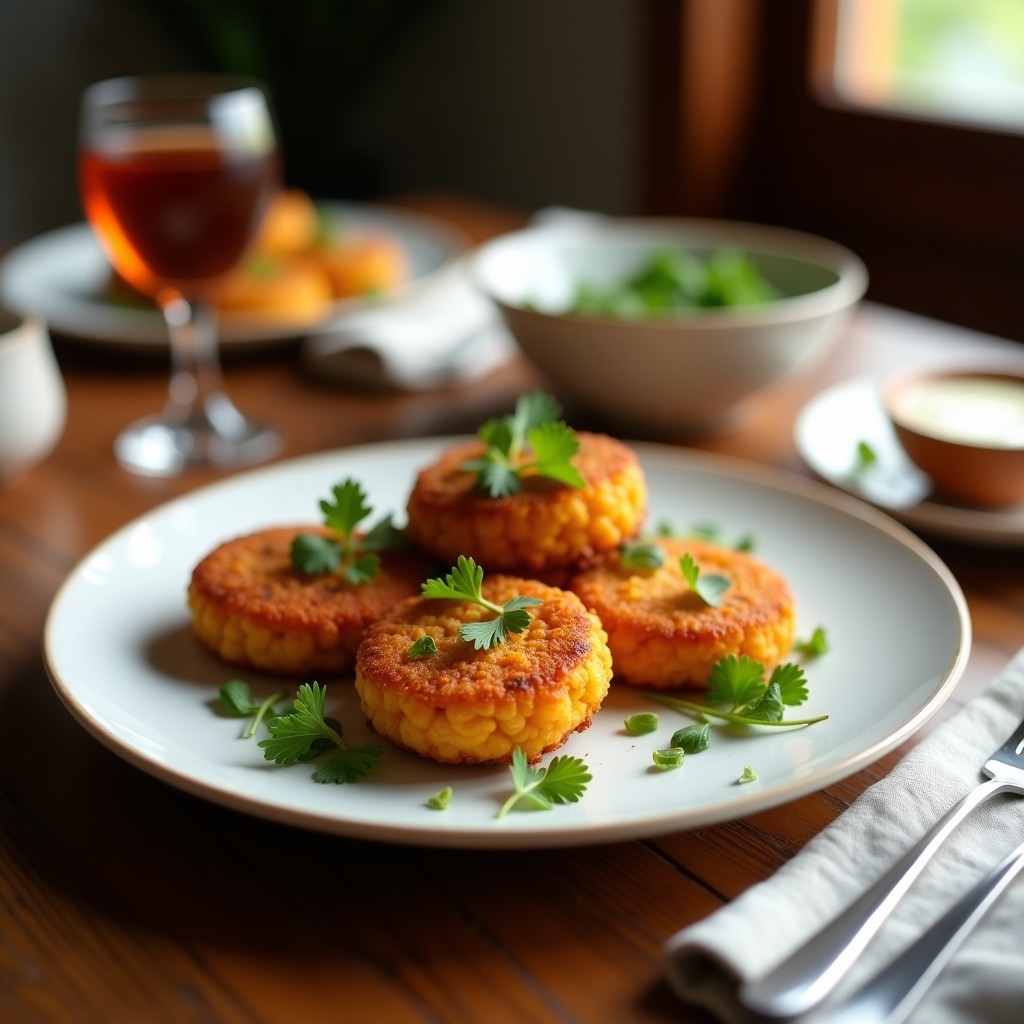 Croquetas doradas y crujientes de garbanzos y algas Kak Duke en Airfryer, con semillas de sésamo negro, servidas en plato blanco con salsa de soja y cebollino picado. Receta coreana vegana.