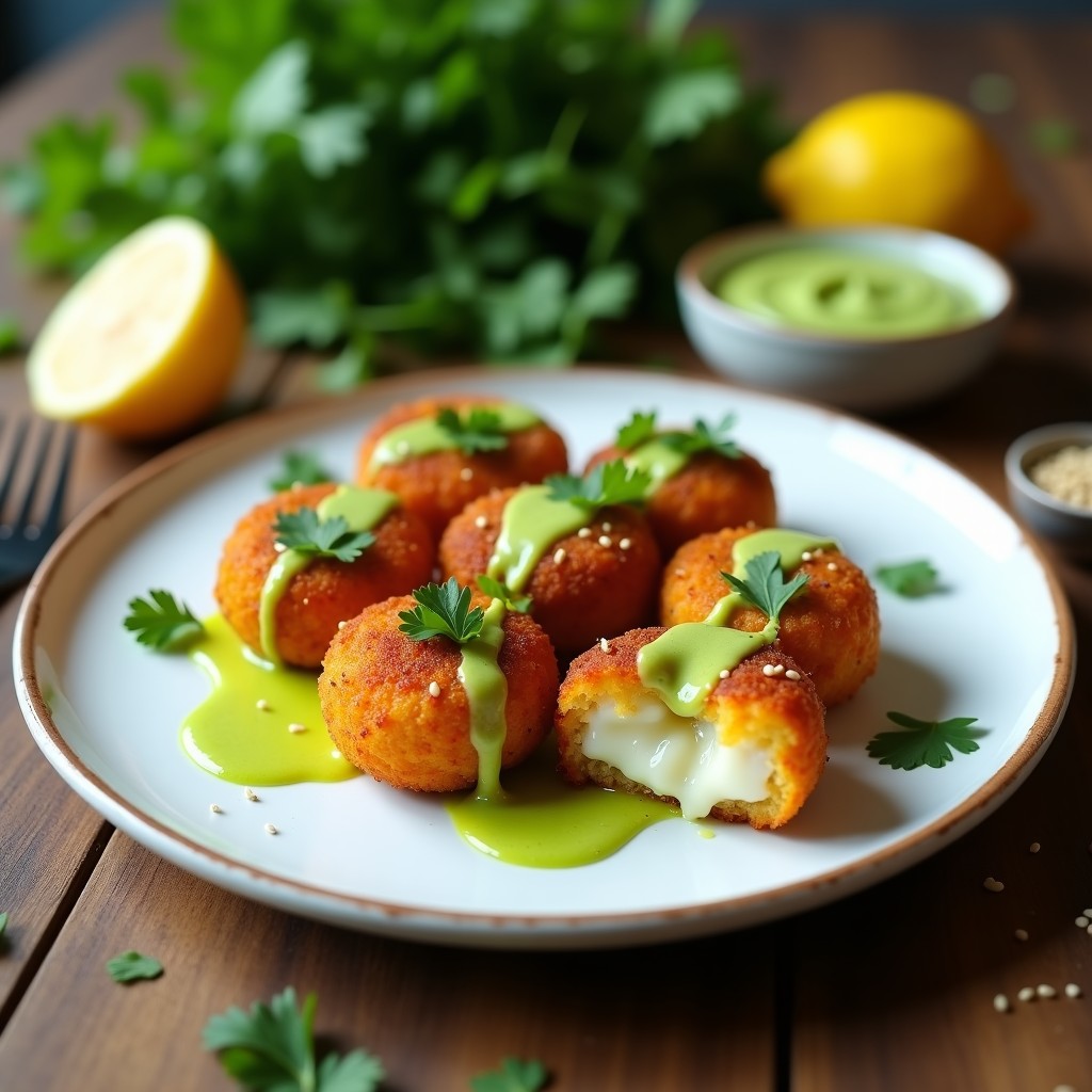 Croquetas doradas de garbanzos y algas nori con textura crujiente, servidas en plato blanco con salsa de limón y cilantro, aperitivo vegano en airfryer.