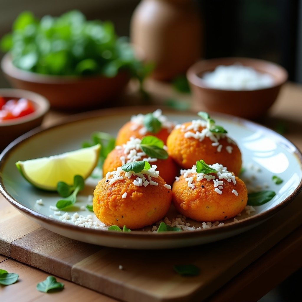 Croquetas doradas de garbanzos y calabaza butternut con rebozado de coco sobre un plato blanco, acompañadas de una salsa cremosa y hierbas frescas. Receta en airfryer sin lácteos.