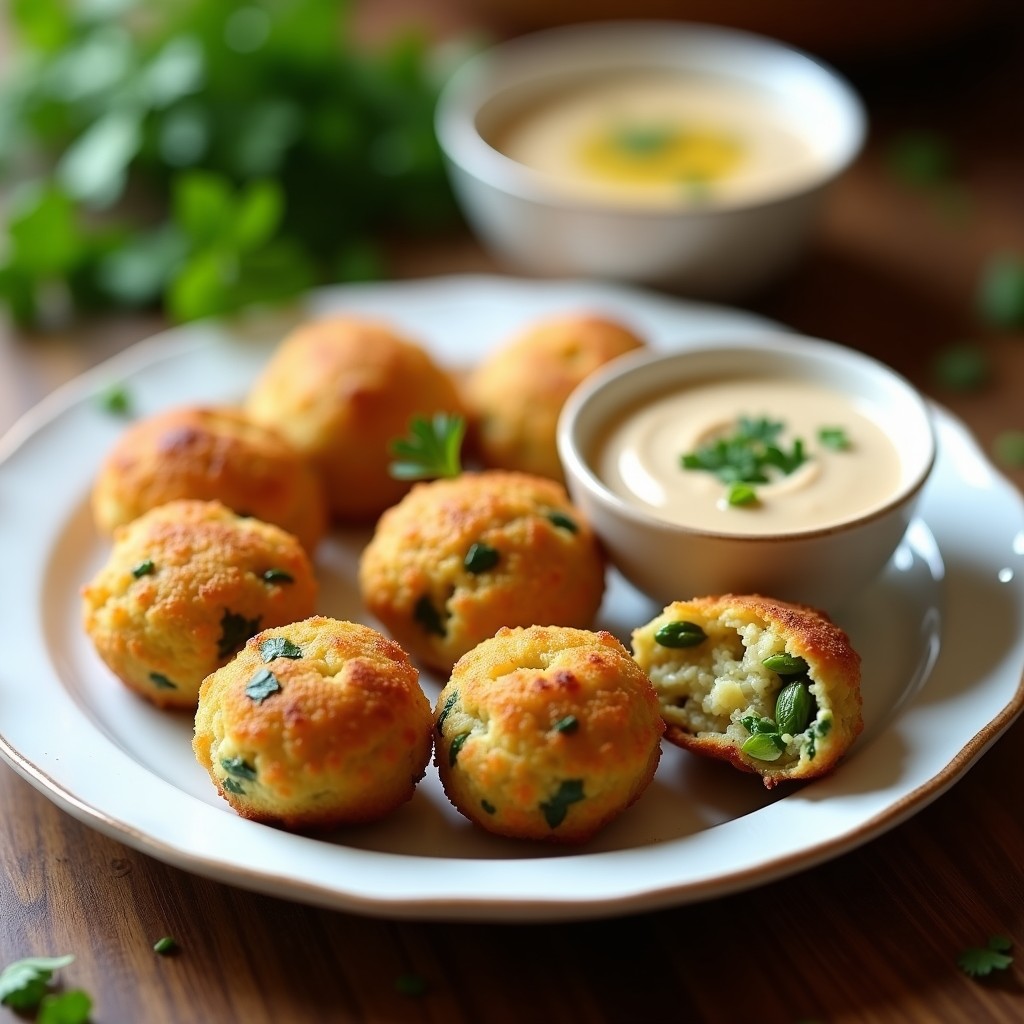 Plato blanco con croquetas doradas de garbanzos y espárragos, crujientes por fuera y cremosas por dentro, acompañadas de un bol pequeño con salsa de tahini espesa y decoradas con perejil fresco. Receta en Thermomix sin lactosa.