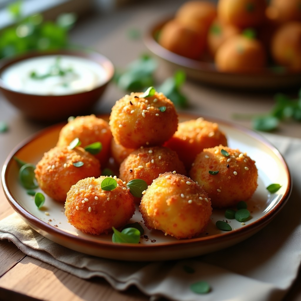 Croquetas de garbanzos y pimientos del Padrón doradas y crujientes en airfryer, servidas en plato blanco con salsa de yogur vegetal y semillas de sésamo espolvoreadas.