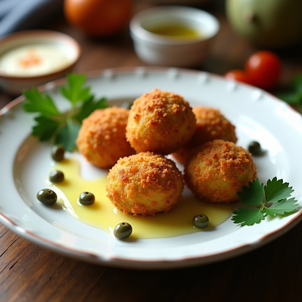 Croquetas doradas y crujientes de habas y alcaparras con pan de almendras, servidas en plato blanco con salsa de yogur y hierbas frescas, receta sin gluten en airfryer.