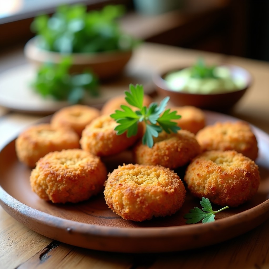 Croquetas doradas y crujientes de Hongos Portobello y Pan de Almendra servidas en un plato blanco con salsa de yogur, receta keto en Airfryer.