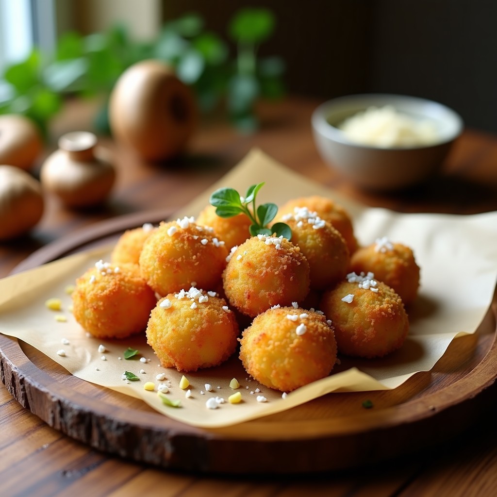 Croquetas doradas y crujientes de hongos shiitake y puré de coliflor en bandeja de horno, con textura dorada por el empanado de coco y almendra, servidas sobre papel de horno. Receta sin gluten en Thermomix.