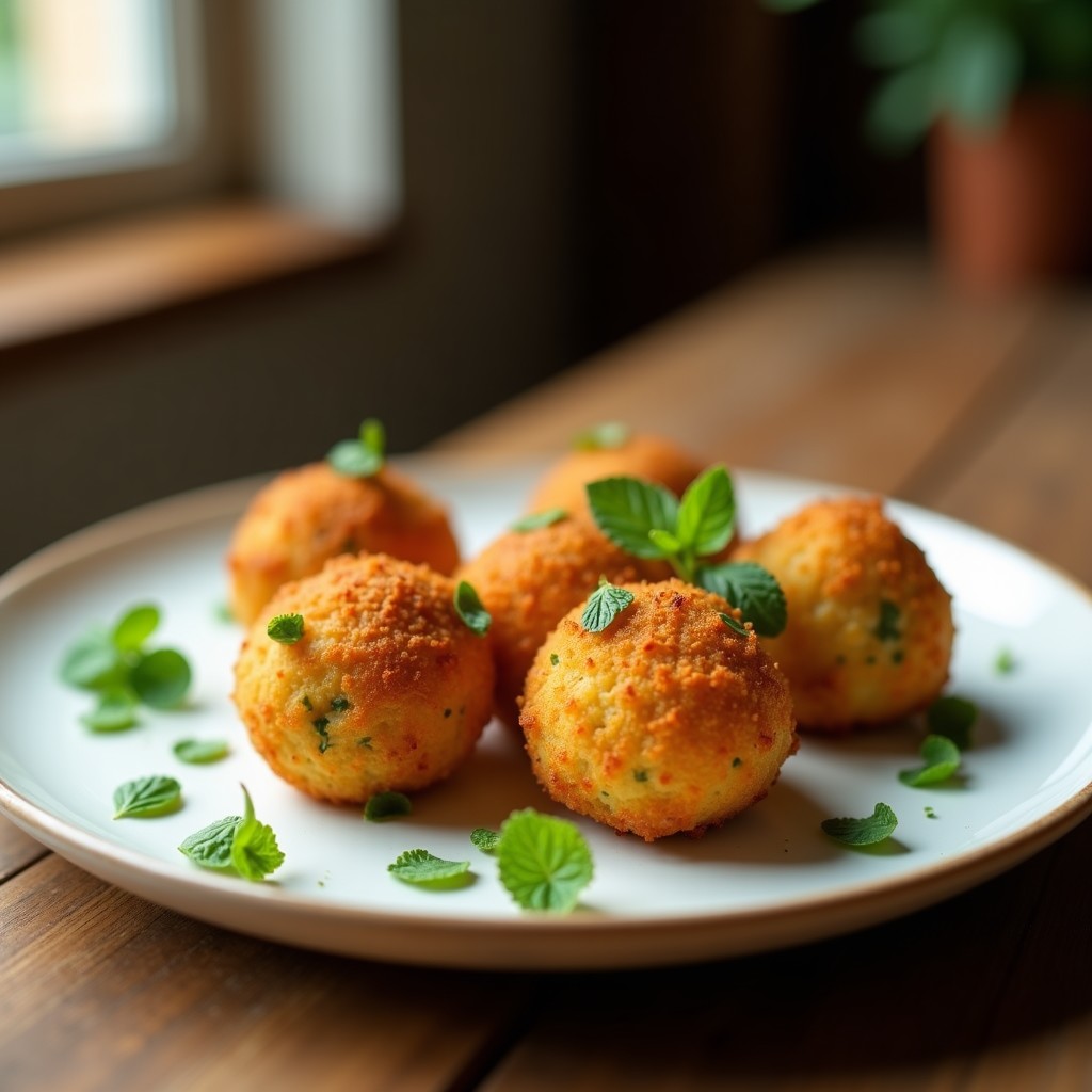 Croquetas doradas y crujientes de hulles (habas verdes) y mentas, dispuestas en un plato blanco rústico con hojas de menta fresca como decoración. Aperitivo tunecino saludable hecho en airfryer.