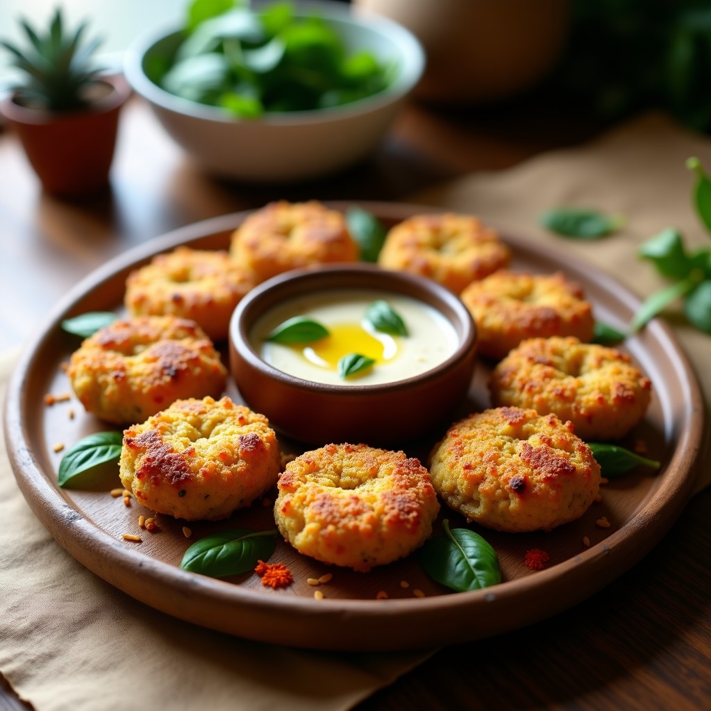 Croquetas de hummus y espinacas veganas al horno, doradas y crujientes, servidas en una bandeja de madera con dip de tahini y hierbas frescas.