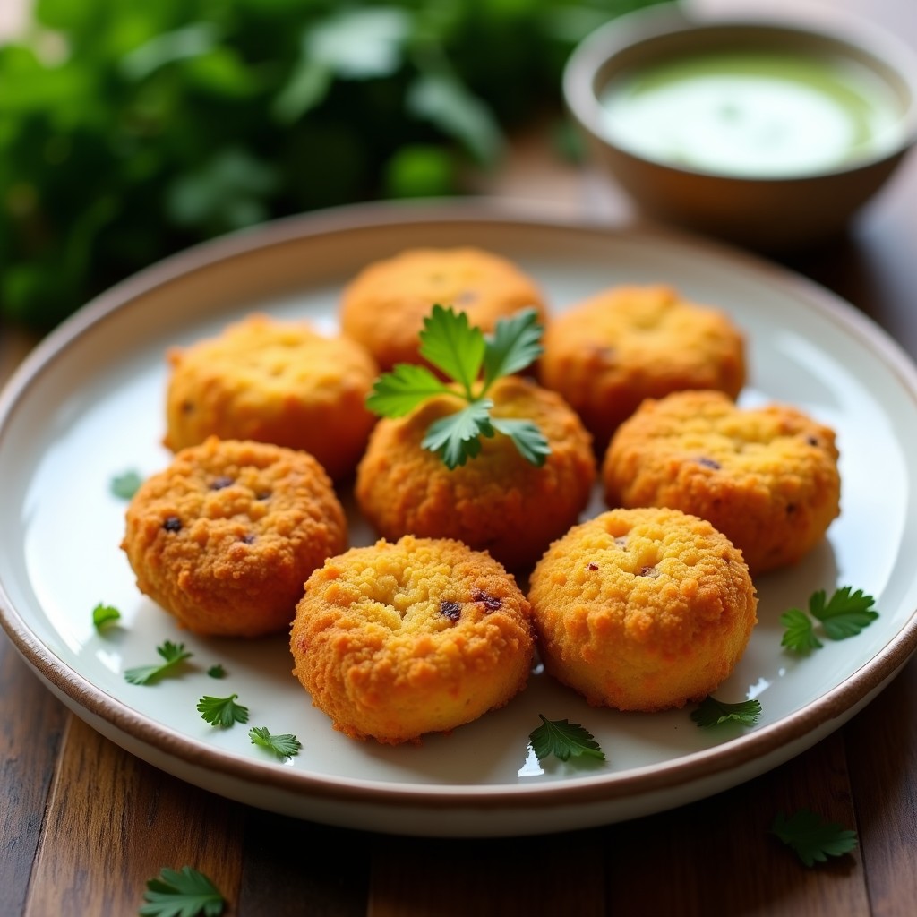 Croquetas de jackfruit al curry veganas, doradas y crujientes, servidas en un plato blanco con salsa de yogur y cilantro fresco. Receta en airfryer sin lácteos.