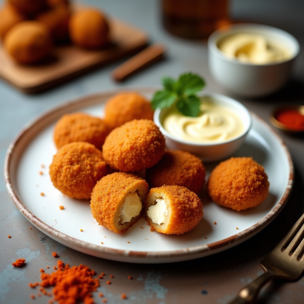 Croquetas de jackfruit y Pimentón de la Vera doradas y crujientes, rebozadas en pan rallado panko, servidas en un plato blanco rústico con un cuenco pequeño de alioli vegano al lado. La textura exterior es dorada y quebradiza, mientras el interior se ve cremoso. Fondos borrosos de especias y hierbas frescas.