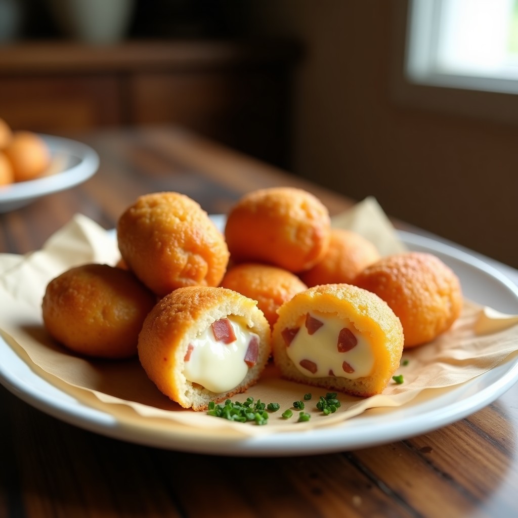 Plato blanco con croquetas de jamón serrano doradas y crujientes, servidas sobre papel de horno, con textura cremosa al cortar y trocitos de jamón visibles en el interior.