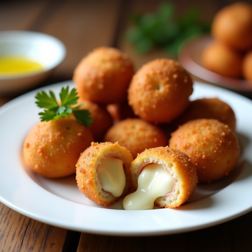 Plato blanco con croquetas de jamón serrano doradas y crujientes, servidas sobre papel absorbente, con fondo rústico.