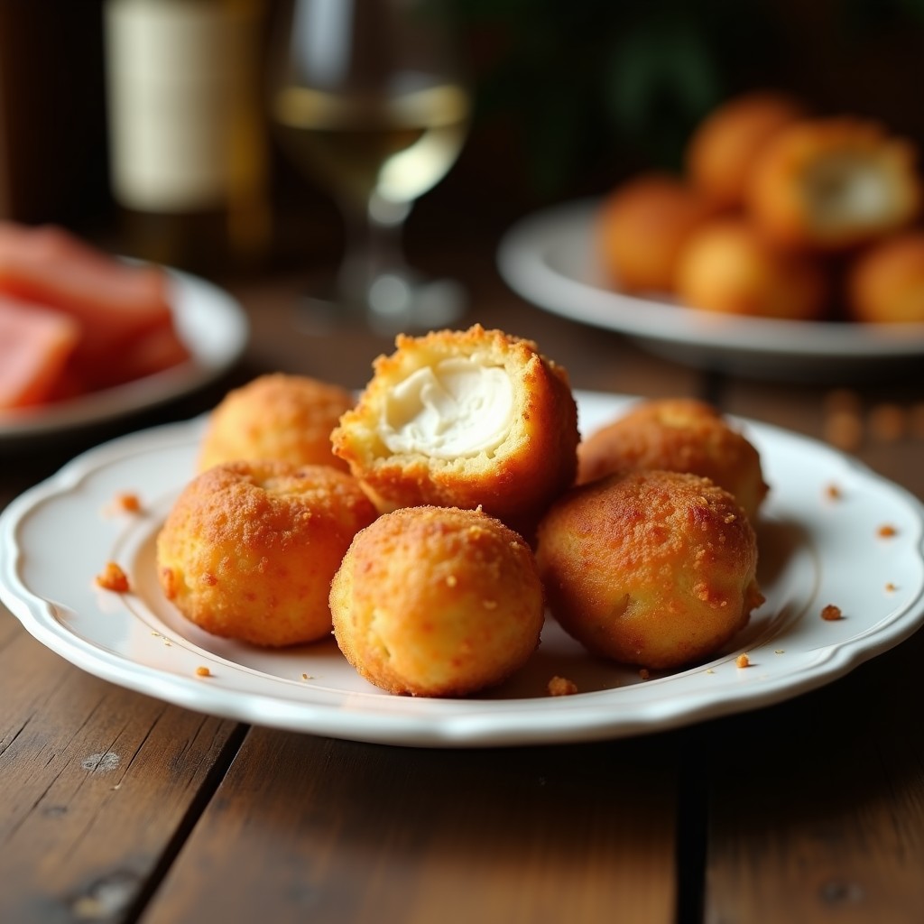 Plato blanco con croquetas de jamón york doradas y crujientes, servidas sobre papel absorbente, con fondo de cocina rústica.
