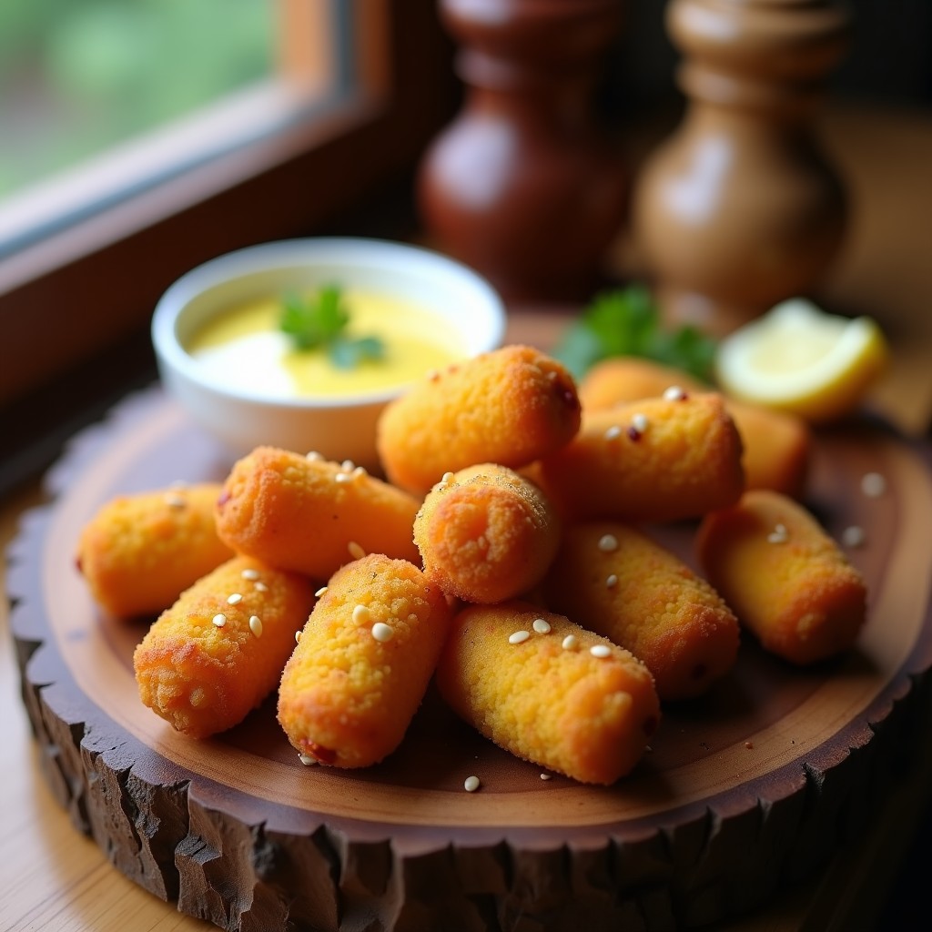 Croquetas doradas y crujientes de lentejas beluga y azafrán sobre una tabla de madera rústica, con semillas de sésamo visibles en el empanado. Acompañadas de un bol pequeño con alioli vegano y hojas de perejil fresco. Receta española vegana en airfryer.