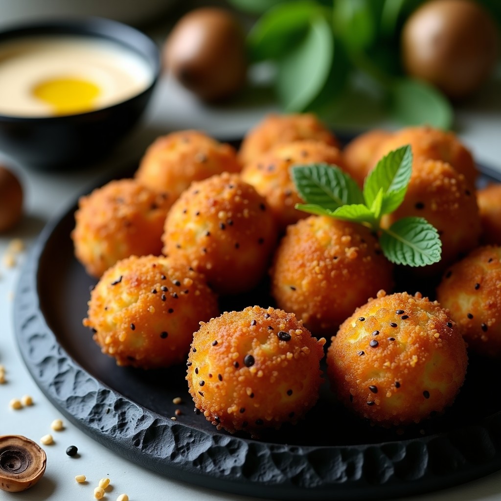 Croquetas doradas y crujientes de lentejas beluga y champiñones silvestres en airfryer, con semillas de sésamo negro por encima, servidas en un plato de madera rústico con hierbas frescas de decoración.
