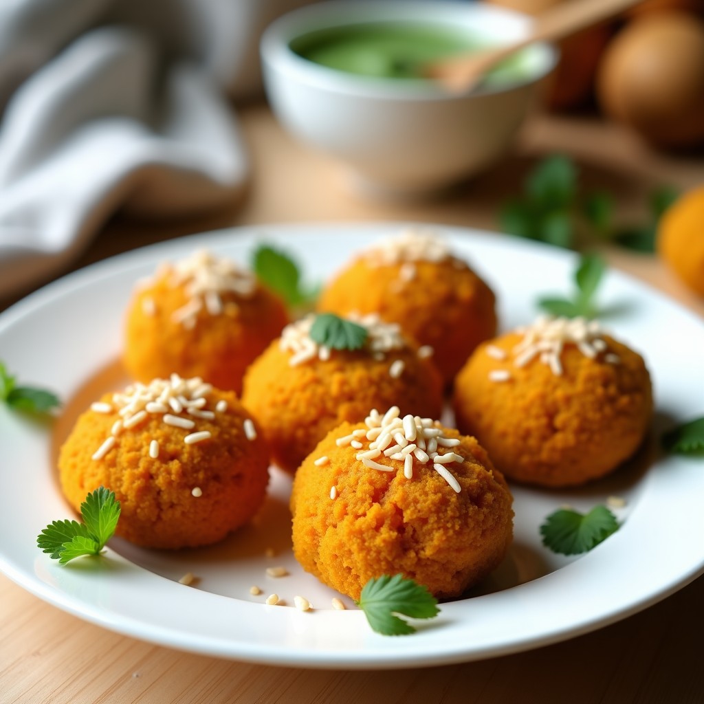 Croquetas de lentejas rojas y cúrcuma keto sin horno, doradas por fuera con coco rallado y semillas de sésamo, servidas en plato blanco con chutney de menta al lado.