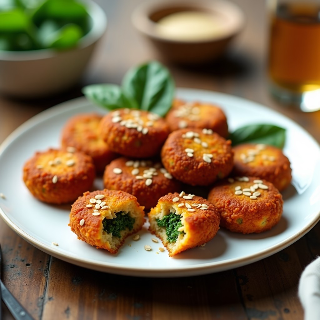 Croquetas doradas y crujientes de lentejas rojas y espinacas servidas en un plato blanco con salsa de yogur de soja, decoradas con semillas de sésamo y hierbas frescas. Receta en airfryer sin harina y sin lácteos.