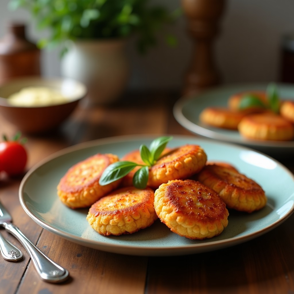 Croquetas doradas y crujientes de lentejas rojas y espinacas al horno, servidas en fuente de barro con hierbas frescas y limón en rodajas, receta española vegana y sin lactosa.