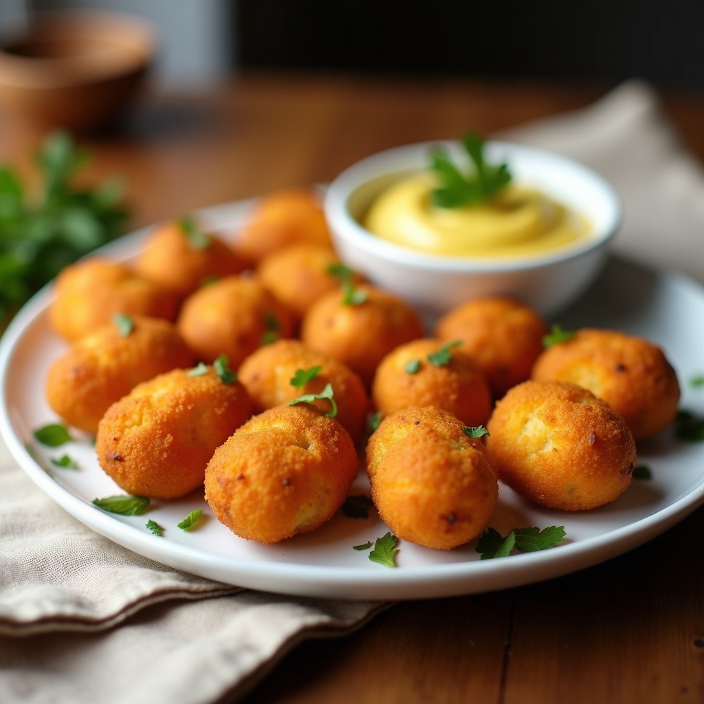 Croquetas doradas y crujientes de Ñame y Gambutas servidas en un plato blanco con aioli de ají amarillo al lado, receta peruana en Airfryer.