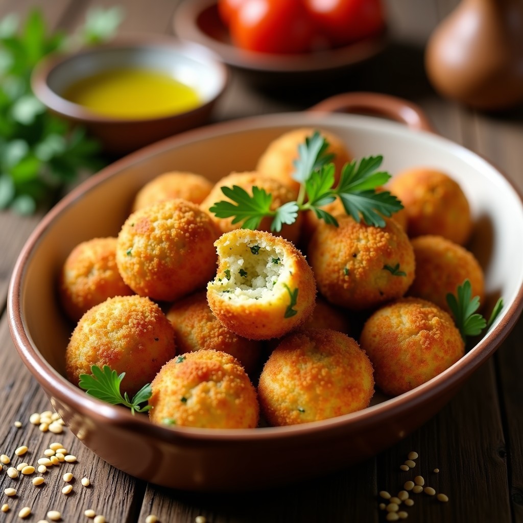 Croquetas doradas y crujientes de quinoa y calabacín en una fuente de barro, con un toque de perejil fresco y pimentón de la Vera espolvoreado, receta española sin lactosa en airfryer.