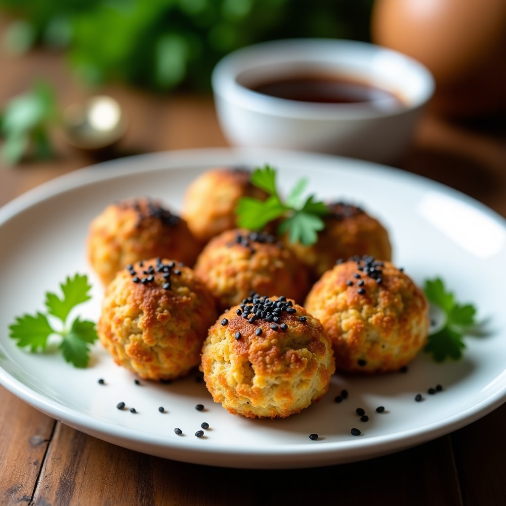 Croquetas doradas de quinoa y champiñones shiitake veganas, con semillas de sésamo negro, servidas en un plato blanco sobre fondo rústico de madera, acompañadas de perejil fresco y un dip de salsa oscura.