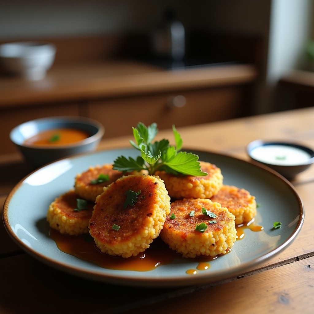 Croquetas de quinoa y espárragos con salsa de ajo negro en airfryer, doradas y crujientes, servidas en plato blanco con salsa negra en cuenco aparte y decoración de perejil fresco.