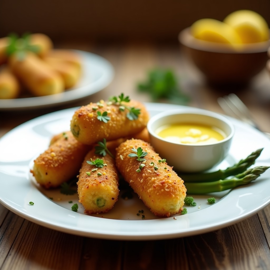Croquetas de quinoa y espárragos doradas y crujientes, servidas en un plato blanco de cerámica con salsa de limón amarilla en un bol pequeño apartado. Decoradas con puntas de espárrago triguero, perejil fresco picado y semillas de sésamo tostadas. Fondo borroso con textura rústica de madera.