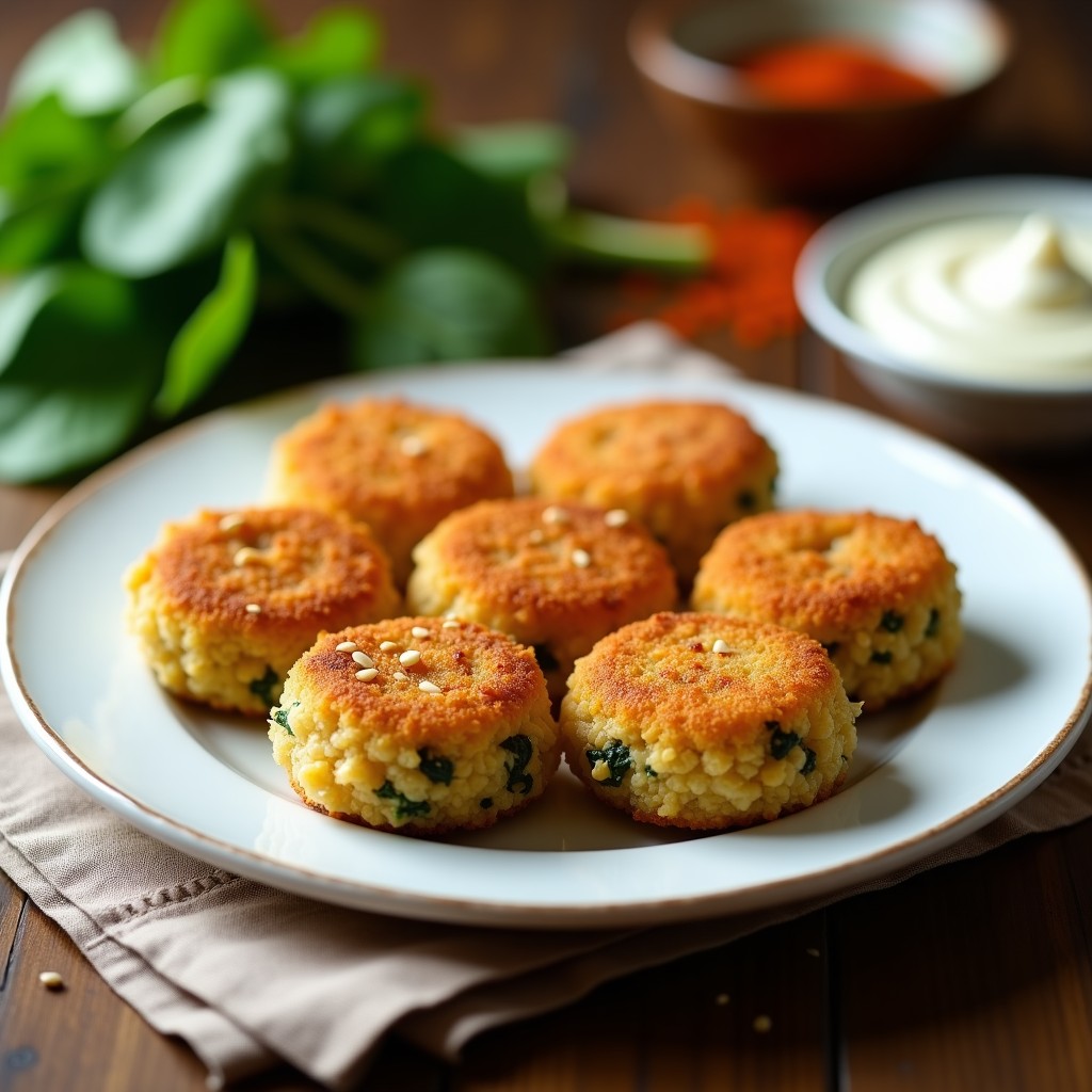 Croquetas doradas y crujientes de quinoa y espinacas con queso de anacardo, servidas en un plato blanco con semillas de sésamo visibles, fondo rústico y hierbas frescas.