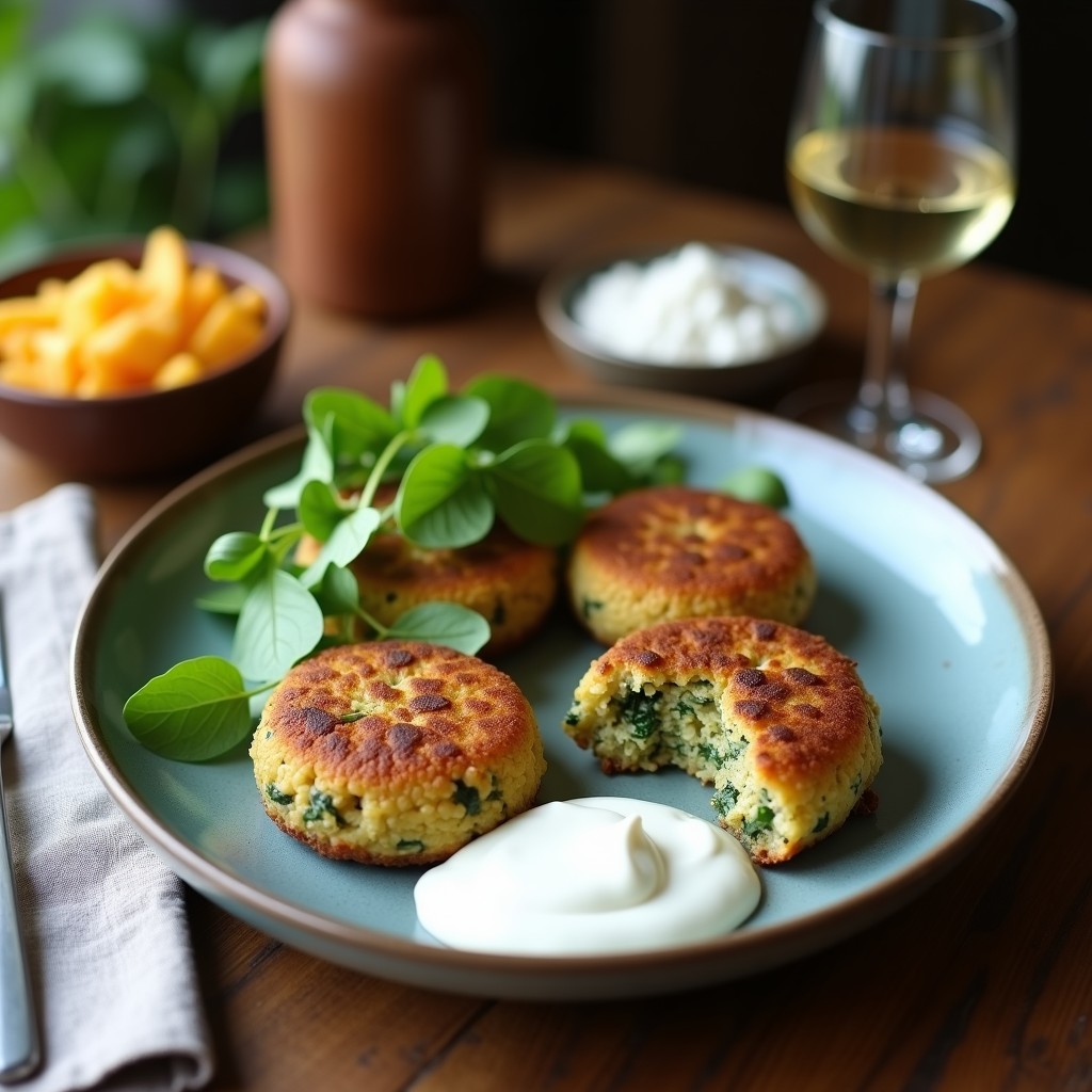 Croquetas doradas y crujientes de quinoa y espinacas en un plato blanco, acompañadas de salsa de yogur de coco cremosa y decoradas con semillas de sésamo y hojas de menta. Receta sin lactosa en airfryer.
