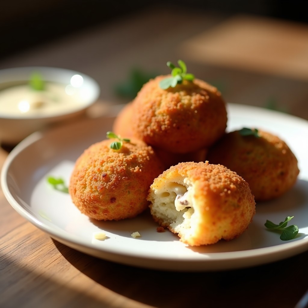 Croquetas doradas y crujientes de quinoa y hongos porcini sobre fondo rústico, con semillas de sésamo visibles y un toque de alga nori. Receta en airfryer con toque umami.