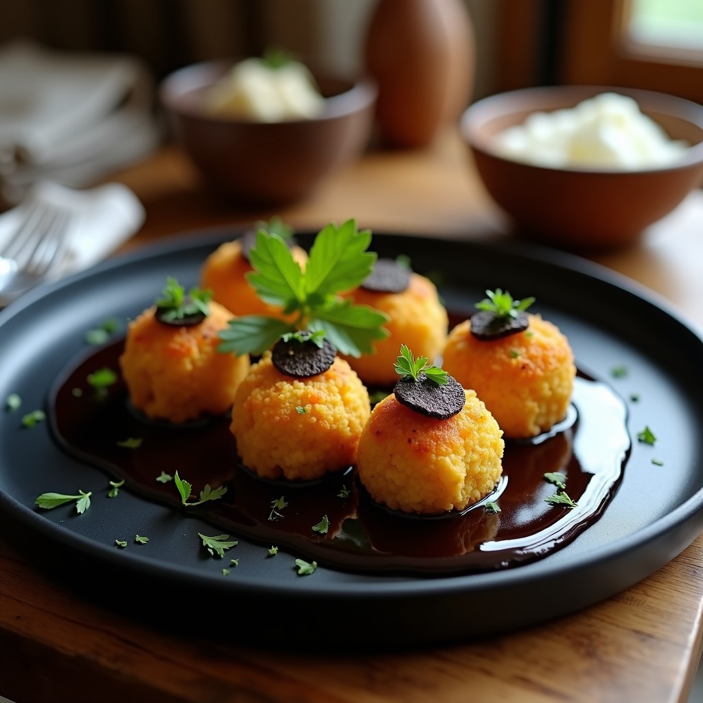 Croquetas doradas y crujientes de quinoa y hongos shiitake servidas en plato negro, con salsa de trufa negra cremosa y perejil fresco. Receta vegana gourmet con textura perfecta.