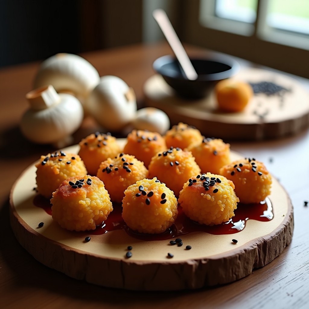 Croquetas doradas y crujientes de quinoa y hongos shimeji en bandeja de madera, con salsa teriyaki brillante vertida por encima y semillas de sésamo negro. Fondo borroso con ingredientes como hongos frescos y cuenco de salsa teriyaki. Receta en airfryer y sin lactosa.