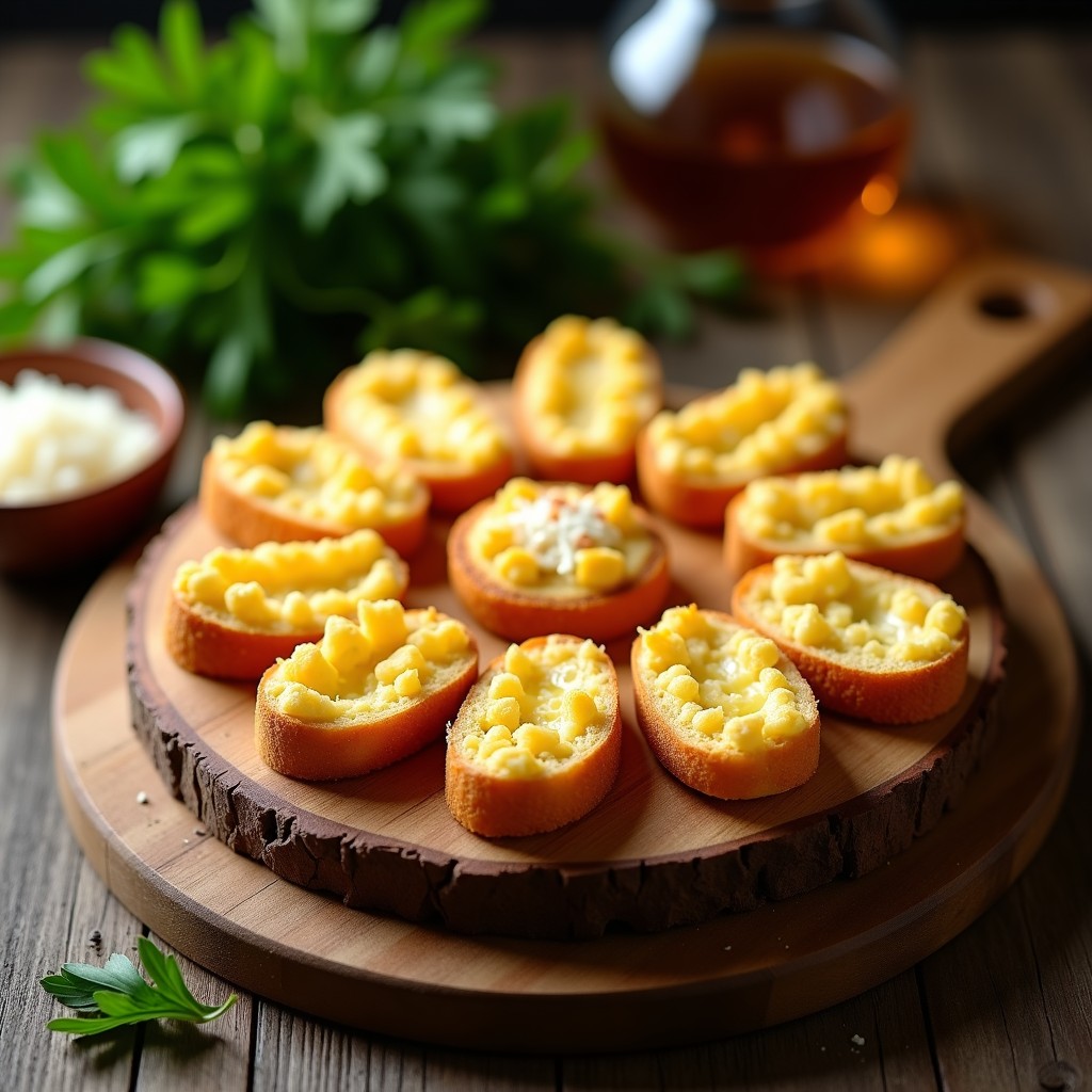Bandeja rústica de madera con crosnettis de coliflor y parmesano dorados y crujientes, aperitivo italiano sin harina, servidos con hierbas frescas y virutas de parmesano.