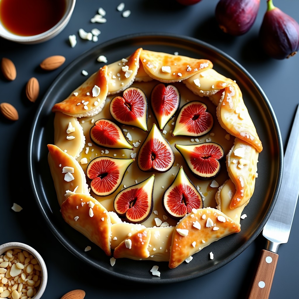Crostata vegana sin horno con base dorada de almendra y coco, rellena de crema suave de queso de anacardos, decorada con higos caramelizados brillantes y espolvoreada con coco rallado tostado.