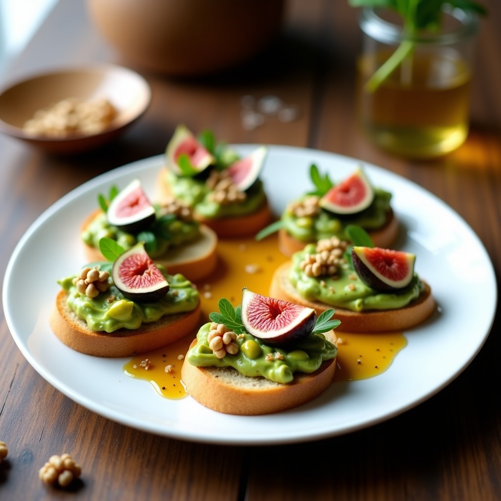 Tabla de madera rústica con 8 crostini de pan ciabatta dorado, cubiertos de crema de aguacate verde, higos frescos en cuartos, rúcula baby, nueces tostadas picadas y láminas de queso pecorino. Cada crostini está regado con una vinagreta brillante de miel y decorado con pimienta rosa. Fondos borrosos de copas de vino y hierbas frescas.