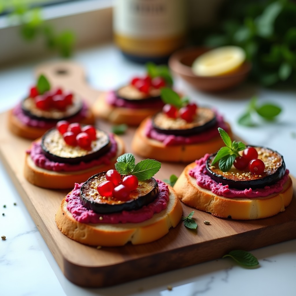 Crostini de pan de pita tostado dorado con hummus de betabel rosa, rodajas de berenjena asada ahumada, semillas de granada rojas y perejil verde, aperitivo libanés vegano y crujiente sobre tabla de madera rústica.