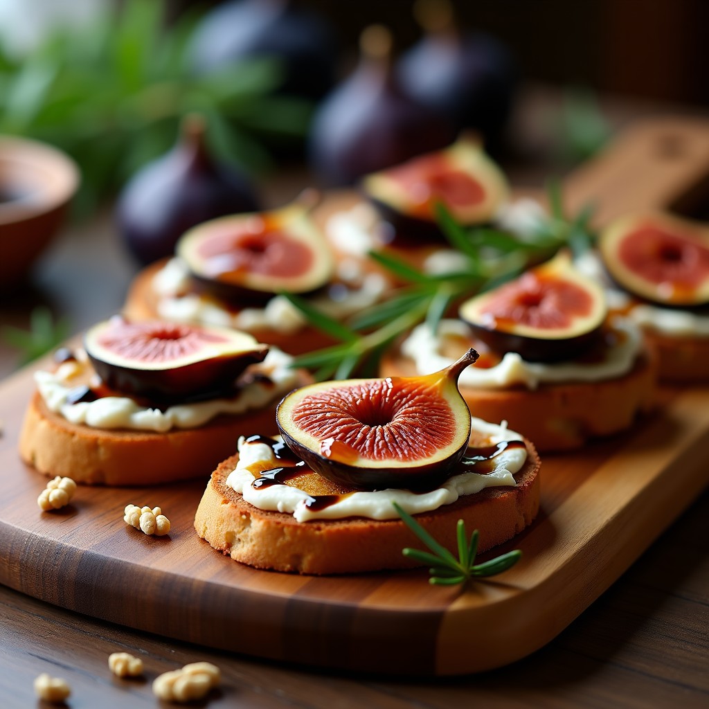 Crostini de pan de centeno tostado con higos asados dorados, queso de cabra vegano cremoso y reducción de balsámico brillante, decorado con nueces picadas y romero sobre una tabla de madera rústica. Aperitivo sin gluten elegante.