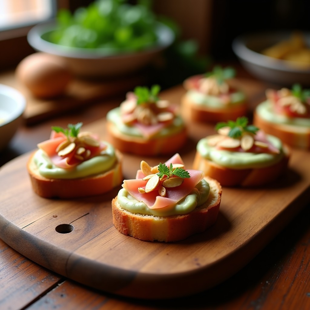 Crostini de pan de centeno keto tostado con puré cremoso de alcachofas, coronado por láminas de jamón serrano, almendras fileteadas y perejil fresco. Plato elegante sobre tabla de madera rústica con fondo borroso.