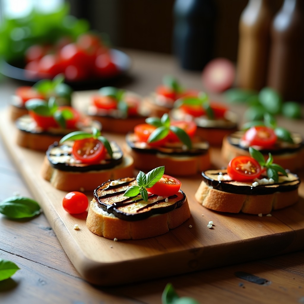 Crostini de pan de espelta tostado con ricotta de anacardos cremosa, berenjena asada dorada, tomates cherry y albahaca fresca, servidos en una tabla de madera rústica con un hilo de vinagre balsámico.
