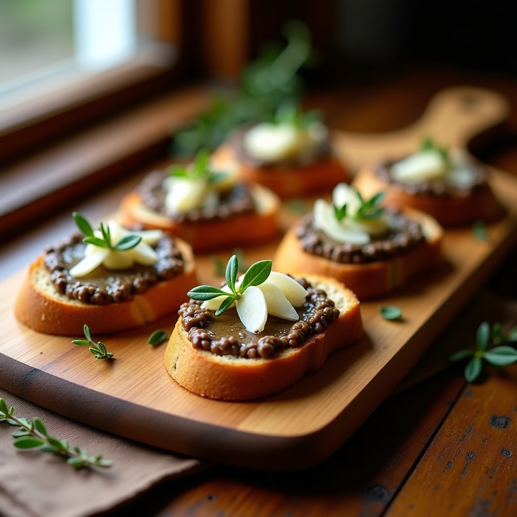 Plato de madera con crostini de pan de espelta tostado, cubiertos con pâté cremoso de champiñones y láminas de trufa negra, decorados con perejil fresco y virutas de parmesano.