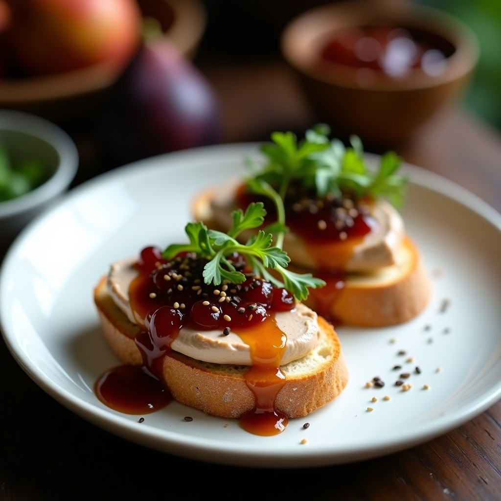 Crostini de hígado de pato con mermelada de higos servidos en una tabla de madera oscura, con capas visibles de crema de hígado, mermelada dorada, nueces picadas y rúcula, aperitivo francés gourmet.