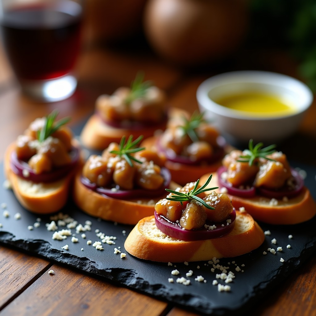 Plato de pizarra con crostini de hígado de pollo y cebolla caramelizada, aperitivo italiano gourmet. Rodajas de pan tostado dorado con cebolla morada brillante, hígado jugoso y queso parmesano rallado, decorado con hojas de romero fresco.