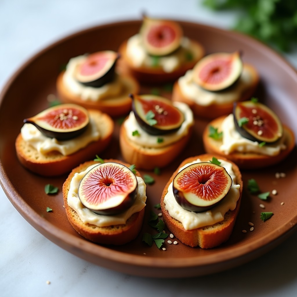 Plato rectangular de madera con 8 crostini de pan de centeno tostado, cubiertos con hummus cremoso de color beige, higos frescos abiertos en forma de flor, hilos de miel de agave dorada, semillas de sésamo negro y hojas de menta. Fondo desenfocado con textura rústica y luz natural.