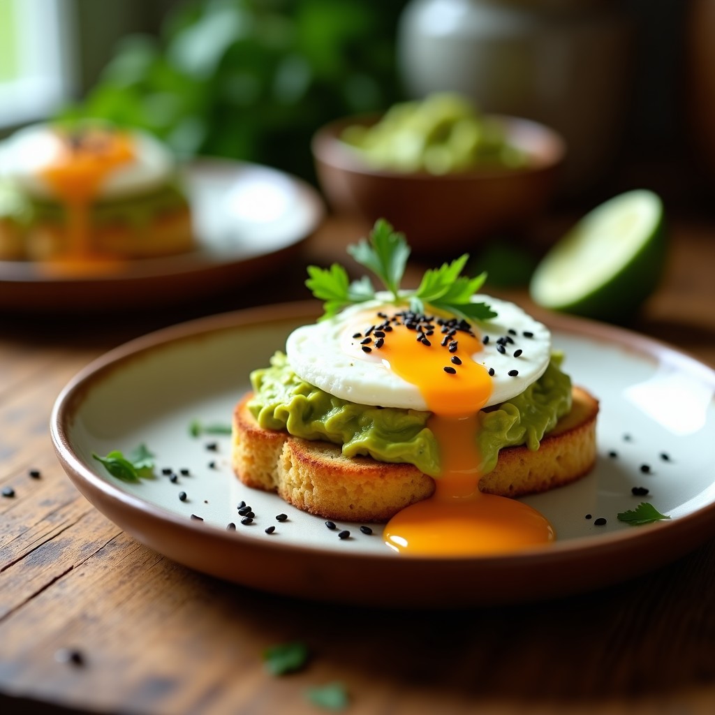 Crostini de Pan de Maíz con Guacamole y Huevo Poché: Desayuno Alta en Proteína Sin Gluten