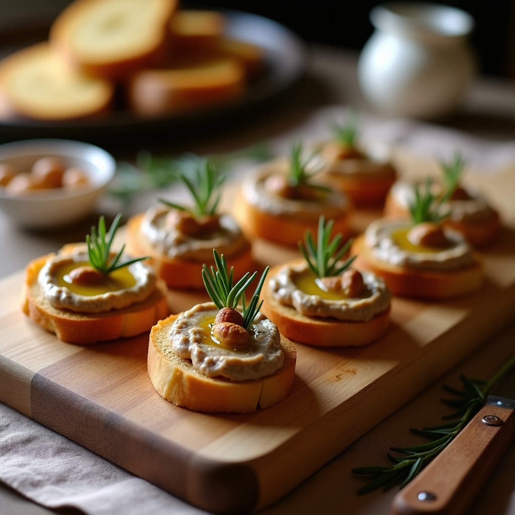 Crostini de pan de centeno dorado tostado con paté cremoso de berenjena asada y nueces, decorado con perejil fresco y un hilo de aceite de oliva sobre una tabla de madera rústica. Aperitivo sin lactosa con toque italiano.