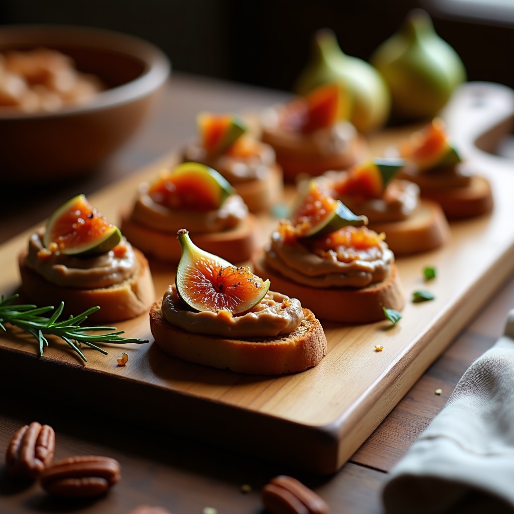 Crostini de pan de centeno tostado con una capa cremosa de paté de hígado de pollo, coronado con higos caramelizados brillantes y hojas de romero, servido en una tabla de madera rústica.