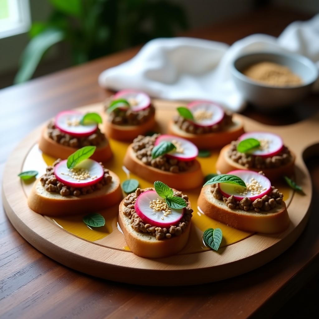 Crostini de pan de espelta dorado con hummus de lentejas cremoso, láminas de rábano rosado, hojas de menta fresca y semillas de sésamo tostadas, aperitivo sin gluten sobre tabla de madera rústica.